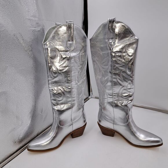 Oeupiano Knee High Cowboy Rodeo Party Silver Boots Size 6 - Picture 1 of 5